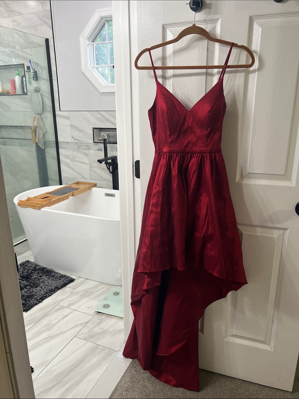 B. Darlin Burgundy High Low Formal Dress 7/8 Satin Prom Wedding Cocktail